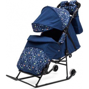 Санки-коляска "Зимняя сказка 3В Авто"; ткань синяя Зоопарк; рама черная. УЦЕНКА