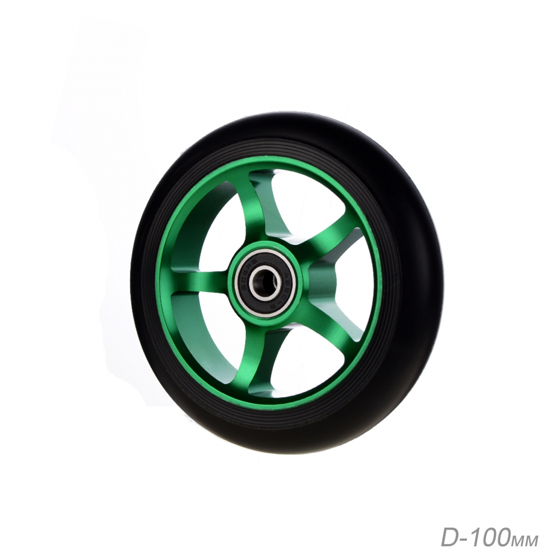 Колесо для трюкового самоката, диаметр 100 мм, обод алюминиевый, анодированный с подшипнником ABEC-9, цвет зеленый